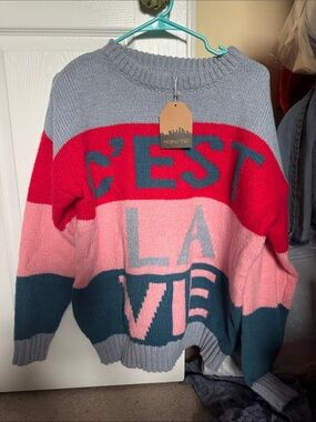 Main Strip Colorblock C'EST LA VIE Knit Sweater - Gray, Red, Pink, Teal